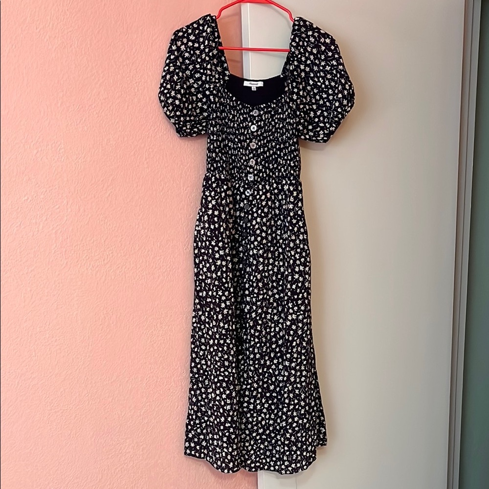 Madewell Navy Blue Floral Square Neck Smocked Dress